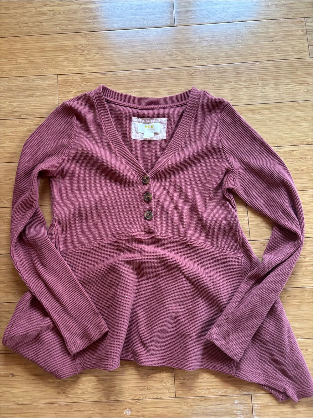 Anthropologie Mauve Waffle-Knit V-Neck Henley Sweater